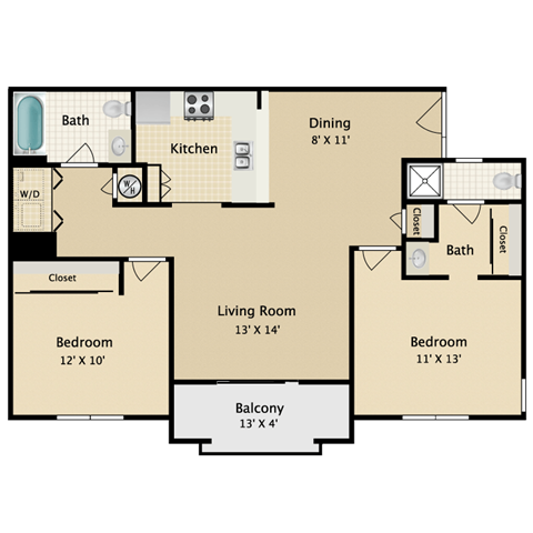 Floor plan for 2 beds, 2 baths, 950 sqft